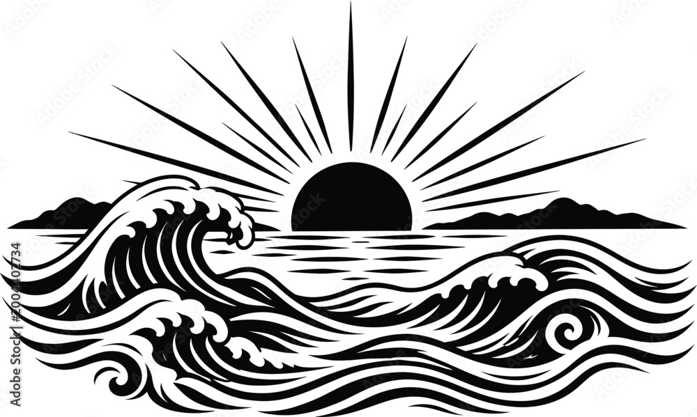 Fototapeta premium Ocean Wave Sunset Black and White Line Art with Sun Rays Sea Waves and Horizon Minimal Coastal Illustration