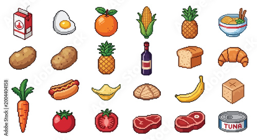 Cuadro en lienzo A pixel art collection of diverse food items like fruits, vegetables, meat, and snacks arranged in a neat grid on a plain white background