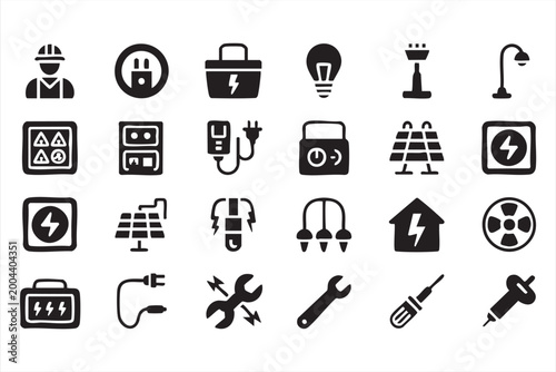 Fotografie Electrician Tools Icons, Energy Systems and Electrical Line Symbol Collection