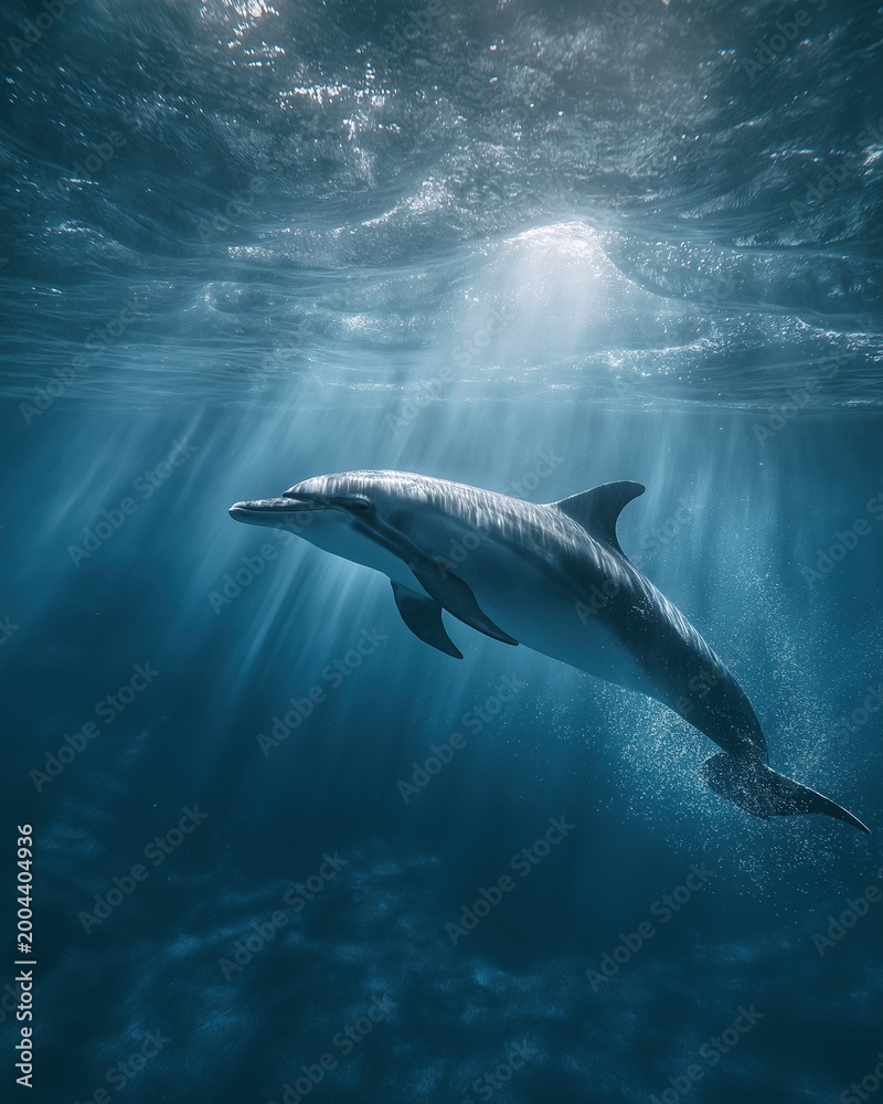 Fototapeta premium Underwater graceful dolphin swimming through sunlit deep blue ocean with natural sunlight rays filtering through water surface