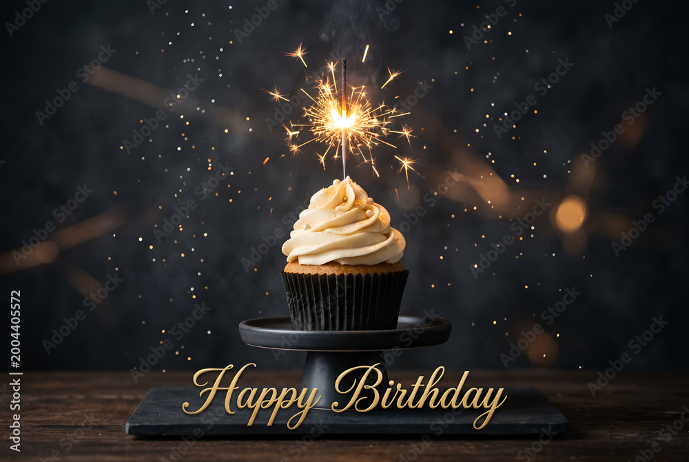 Fototapeta premium Happy birthday cupcake with sparkler celebration firework and golden confetti on dark background