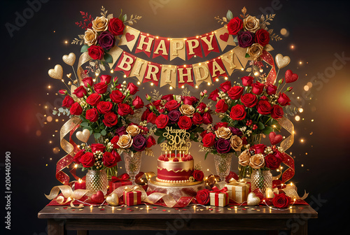 Luxurious 30th birthday celebration with red roses, gold banner, and festive decor