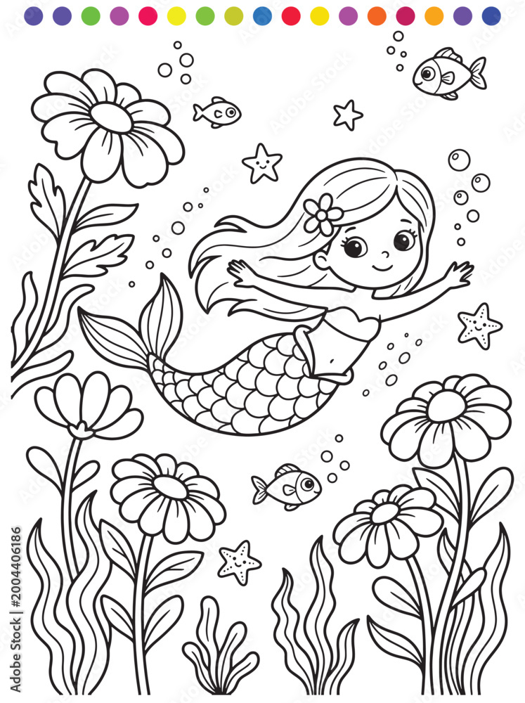 Obraz premium Cute mermaid in underwater flower garden coloring page for kids fantasy line art illustration