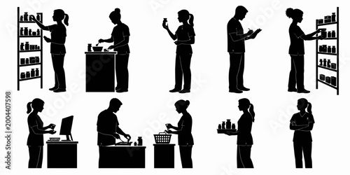 People are working and shopping in a store with shelves and counters.