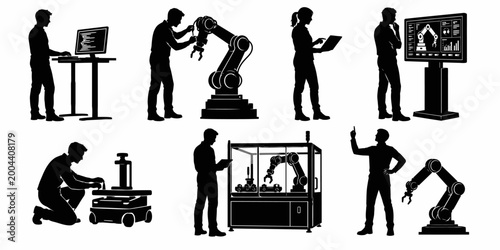 Workers operate industrial robots in a factory setting with screens