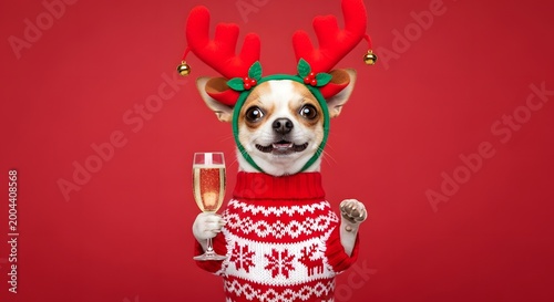 Festive chihuahua dog wearing a reindeer costume and holding champagne glass for christmas