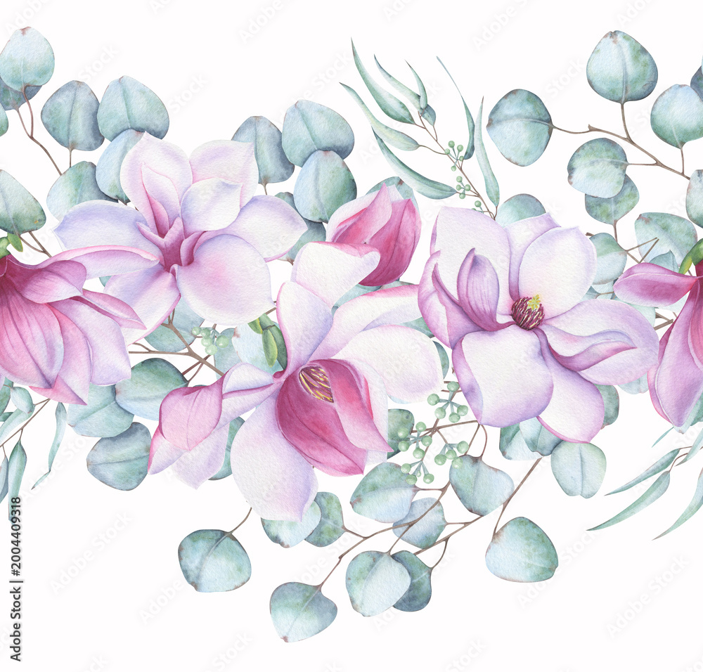 Fototapeta premium Seamless watercolor border with pink magnolia flowers and eucalyptus leaves. Elegant floral horizontal pattern for wedding design and stationery