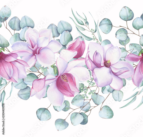 Seamless watercolor border with pink magnolia flowers and eucalyptus leaves. Elegant floral horizontal pattern for wedding design and stationery
