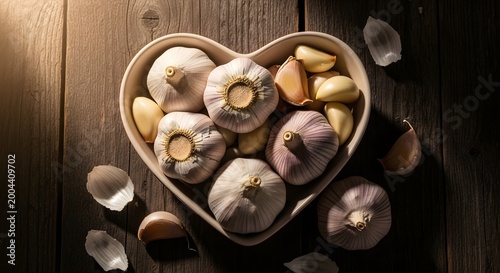 Fresh Garlic Heads in Heart Shaped Bowl on Dark Wood