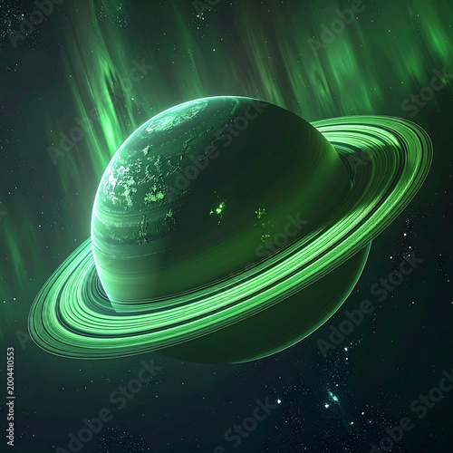 Ethereal green ringed planet in cosmic aurora
