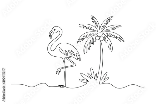 Single line of pink flamingo standing near palm tree by water bird
