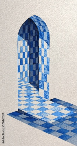 Watercolour rendering of an archway with checked blue and white tiles