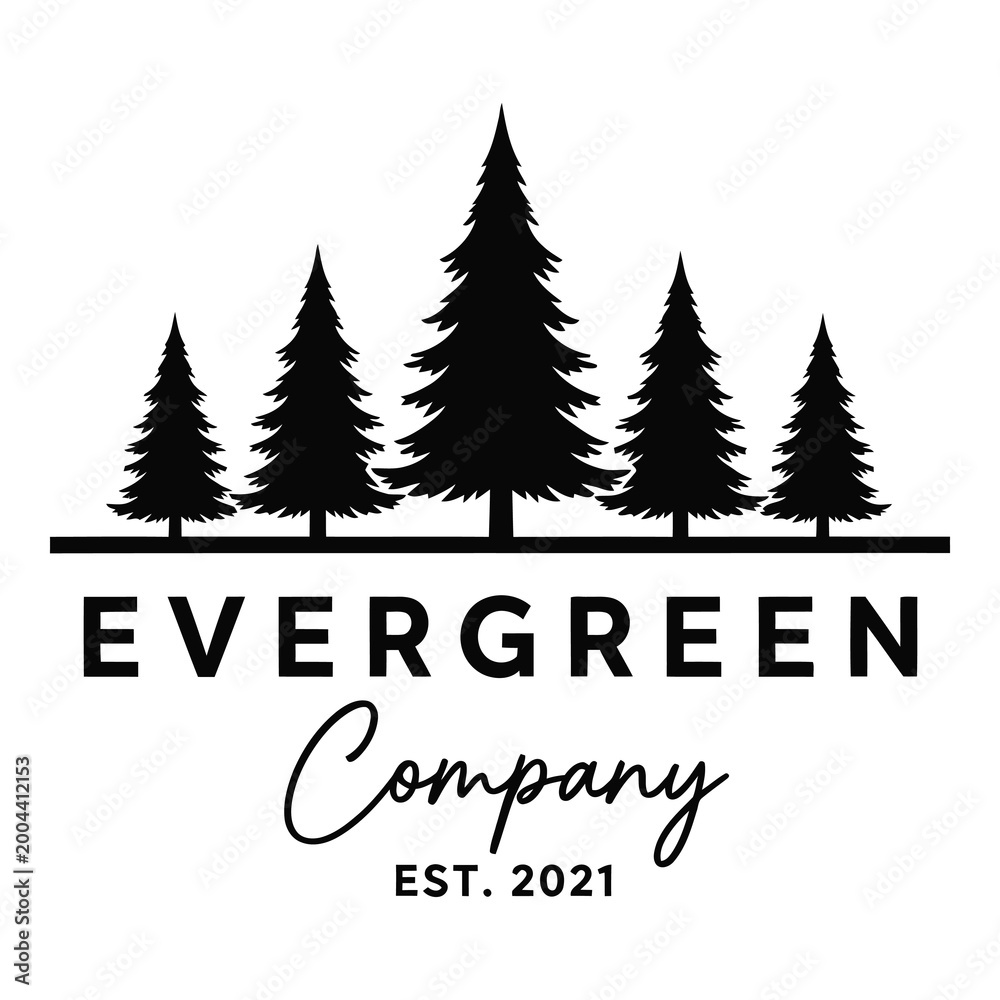 Fototapeta premium Modern black evergreen trees logo for a company established in 2021 with elegant typography icon