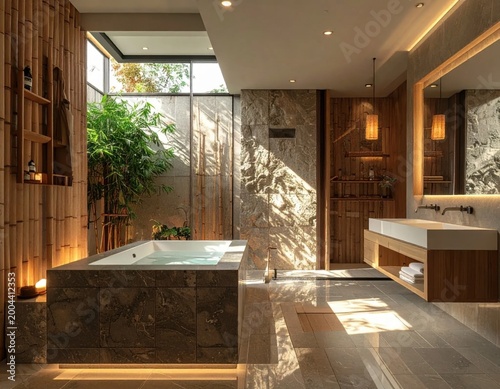 Modern luxury bathroom with natural bamboo wood accents and stone bathtub, spa atmosphere, relaxing wellness interior design, residential architecture