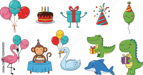 Photography Birthday Party Celebration Set with Cake, Balloons, Gifts, and Animals Including