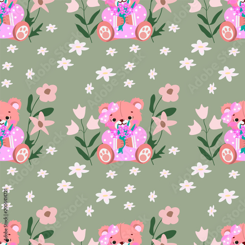 Seamless pattern with cute pink teddy bear holding flower bouquet 