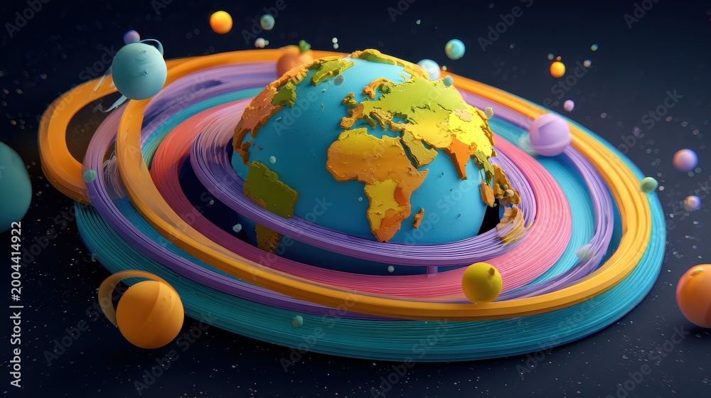 Naklejka premium Earth centered universe, stylized continents, orbiting rings and moons, bright colors, child-friendly theme, 3D illustration