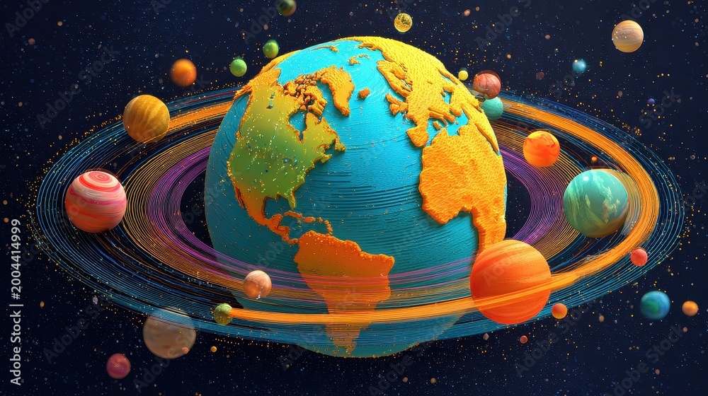 Fototapeta premium Earth centered universe, stylized continents, orbiting rings and moons, bright colors, child-friendly theme, 3D illustration