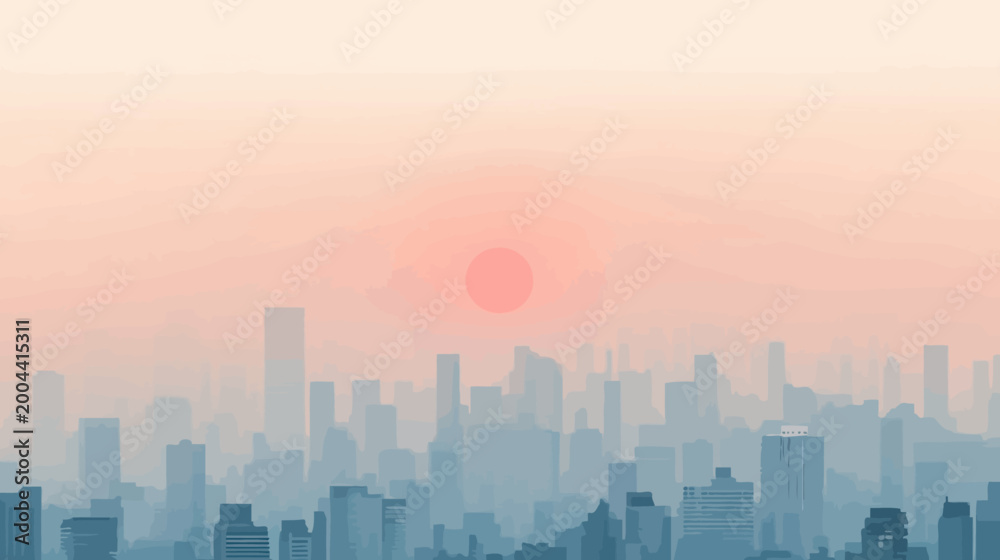 Fototapeta premium Stylized digital illustration of a cityscape at dusk, silhouetted against a peach-toned sunset