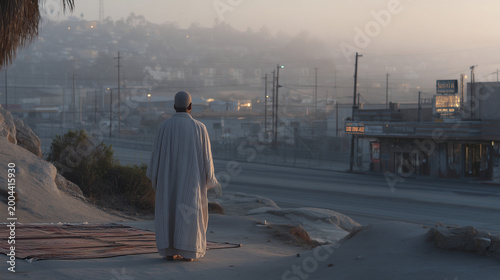 Lone mosque surrounded by industrial grain silos and flatland at early morning, a man in the parking lot unrolling a prayer mat facing east, fog hanging low over the highway behind him as a freight 