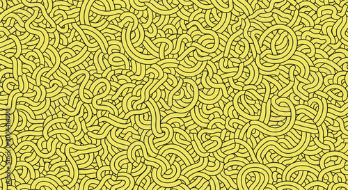 Vibrant yellow seamless background pattern filled with an intricate tangle of long curvy ramen noodles or spaghetti pasta.