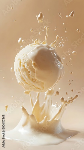 A scoop of creamy vanilla ice cream with milk splashing around it dynamically