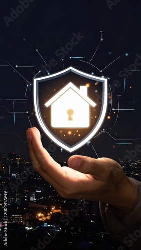 Human hand holding a glowing digital house shield icon representing smart home security, residential property protection, cybersecurity, data safety