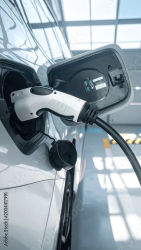Electric vehicle charging port with plugged cable in modern garage, sustainable transportation, clean energy, automotive technology, zero emission power