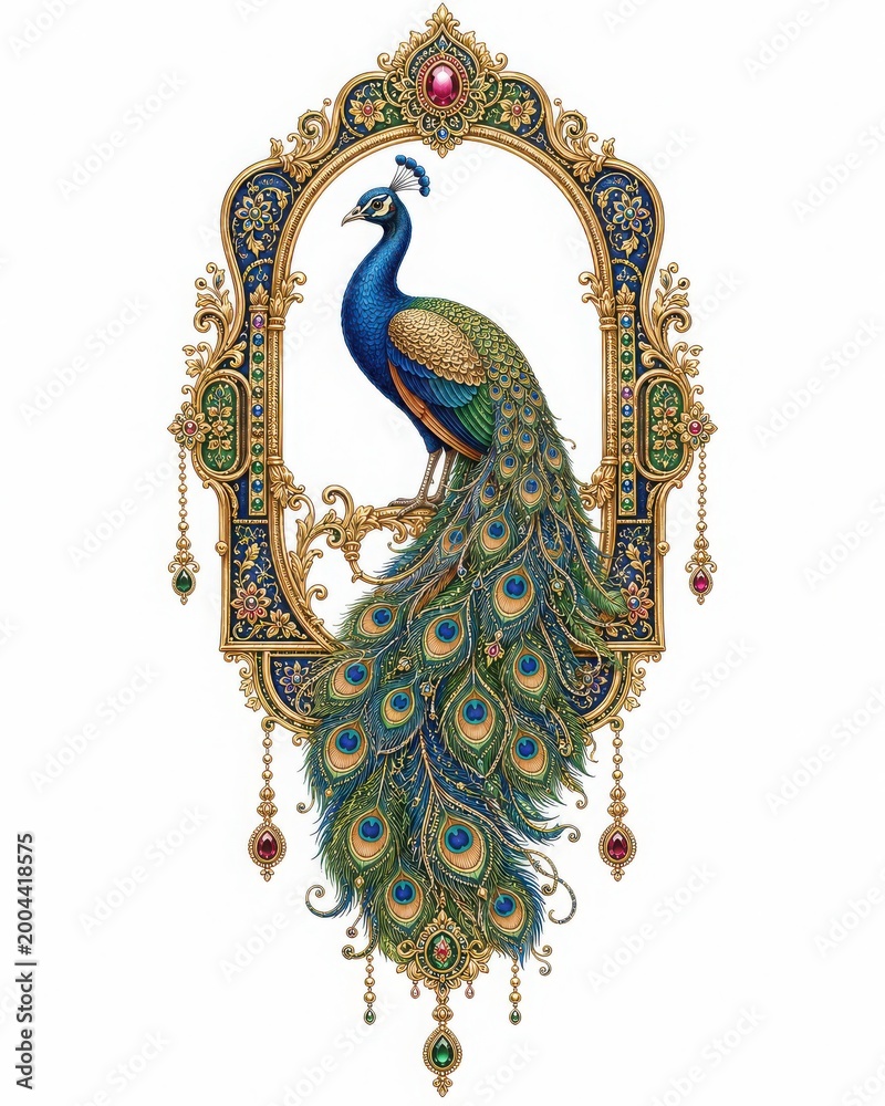 Fototapeta premium Peacock Framed By Pointed Golden Arch With Hanging Jewels And Floral Motifs
