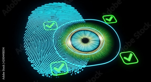 Biometric authentication interface with digital fingerprint and iris scan, futuristic cybersecurity verification system, glowing blue and green data security icons