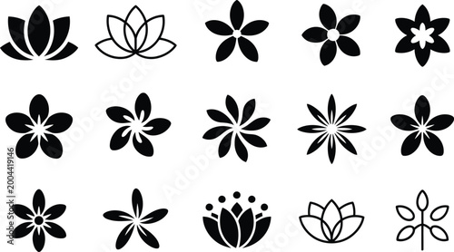 Set of fifteen elegant black flower symbols and lotus designs perfect for spa logos wellness branding organic beauty products and decoration.