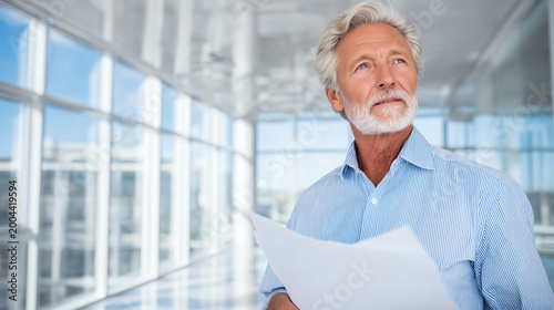Confident senior man reviewing plans in a modern office with natural light.