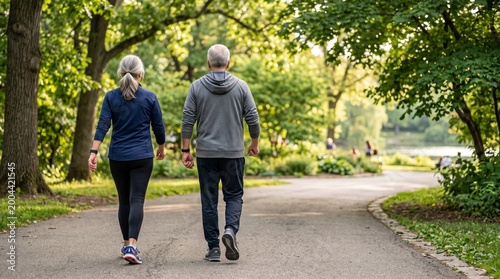 An elderly man and a woman walk along a path in a sunny park, leading an active lifestyle.