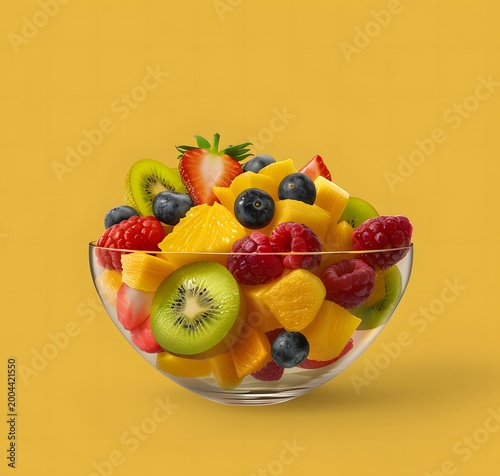 Vibrant Tropical Fruit Salad in Glass Bowl Against Yellow Background