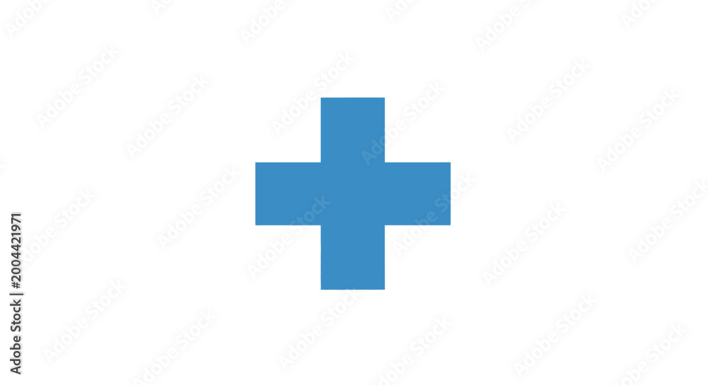 Fototapeta premium A solitary blue cross symbol isolated against a plain white background simple design