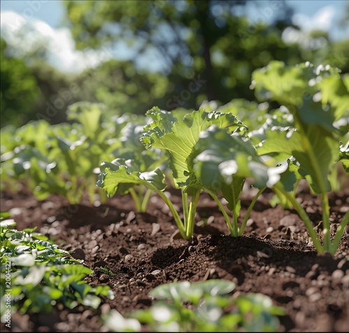 Rows of Young Seedlings Growing in a Sunlit Farm Field