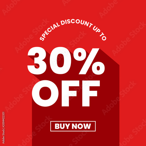 Sale banner thirty percent off text promoting retail discount on red background long shadow
