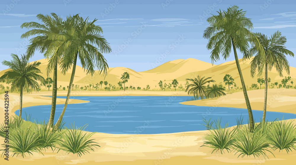 Fototapeta premium Pixelated illustration of an oasis scene with palm trees, a lake, and sand dunes