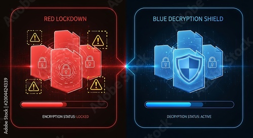 Cybersecurity data protection interface, red lockdown versus blue decryption shield, encrypted file security status, digital firewall concept