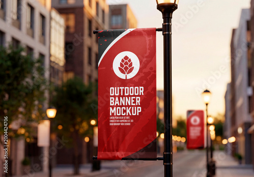 Street lamp banner mockup urban sunset perspective