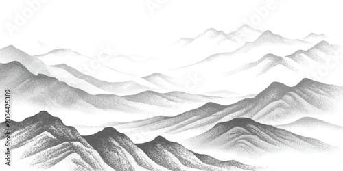 Принти на полотні Black and white ink wash painting of mountain landscape with misty hills and clo