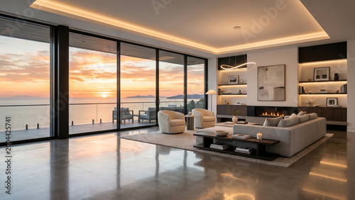 Luxury modern beach house living room interior with panoramic ocean view at sunset, minimalist design villa, premium beachfront real estate and lifestyle concept