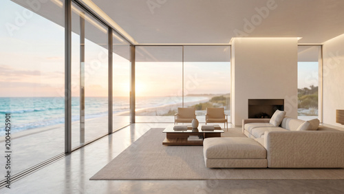 Luxury modern beach house living room interior with panoramic ocean view at sunset, minimalist design villa, premium beachfront real estate and lifestyle concept