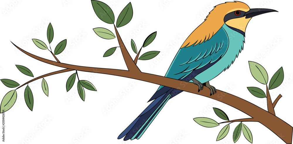Naklejka premium birds of brench vector, Vector set of cartoon toucans sitting on brench, flying, with lettering and tropical flowers, illustration drawn with a tablet, sketch imitation, elements for your design
