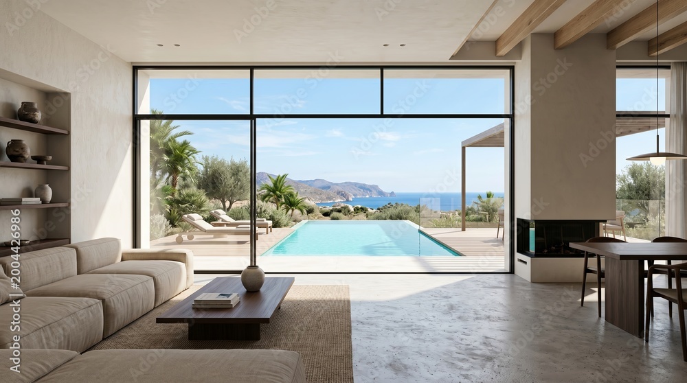 Fototapeta premium Modern Living Room with Pool View and Minimalist Design.