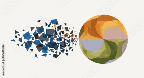 A colorful sphere disintegrating into many small geometric fragments on a light background