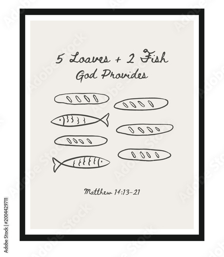 5 Loaves and 2 Fish, God Provides, Bible Verse Illustration Set, Christian Line Symbols Sketch, Religion Hand Drawn Art, Biblical symbols doodle	