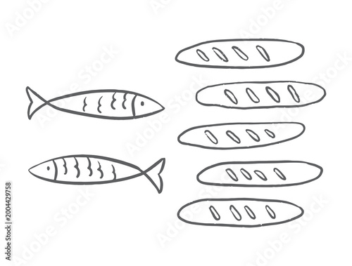 5 Loaves and 2 Fish, God Provides, Bible Verse Illustration Set, Christian Line Symbols Sketch, Religion Hand Drawn Art, Biblical symbols doodle	