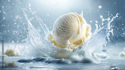 A scoop of vanilla ice cream with splashing water and milk droplets around it