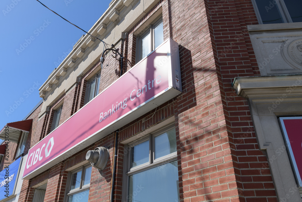 Obraz premium building exterior and sign of CIBC bank branch located at 365 Oakwood Av, Toronto